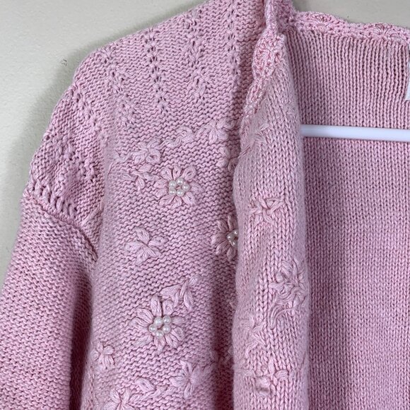 Vintage Cascade Classics Cottagecore Pastel Pink Pearl Embellished Knit Cardigan - Picture 5 of 6